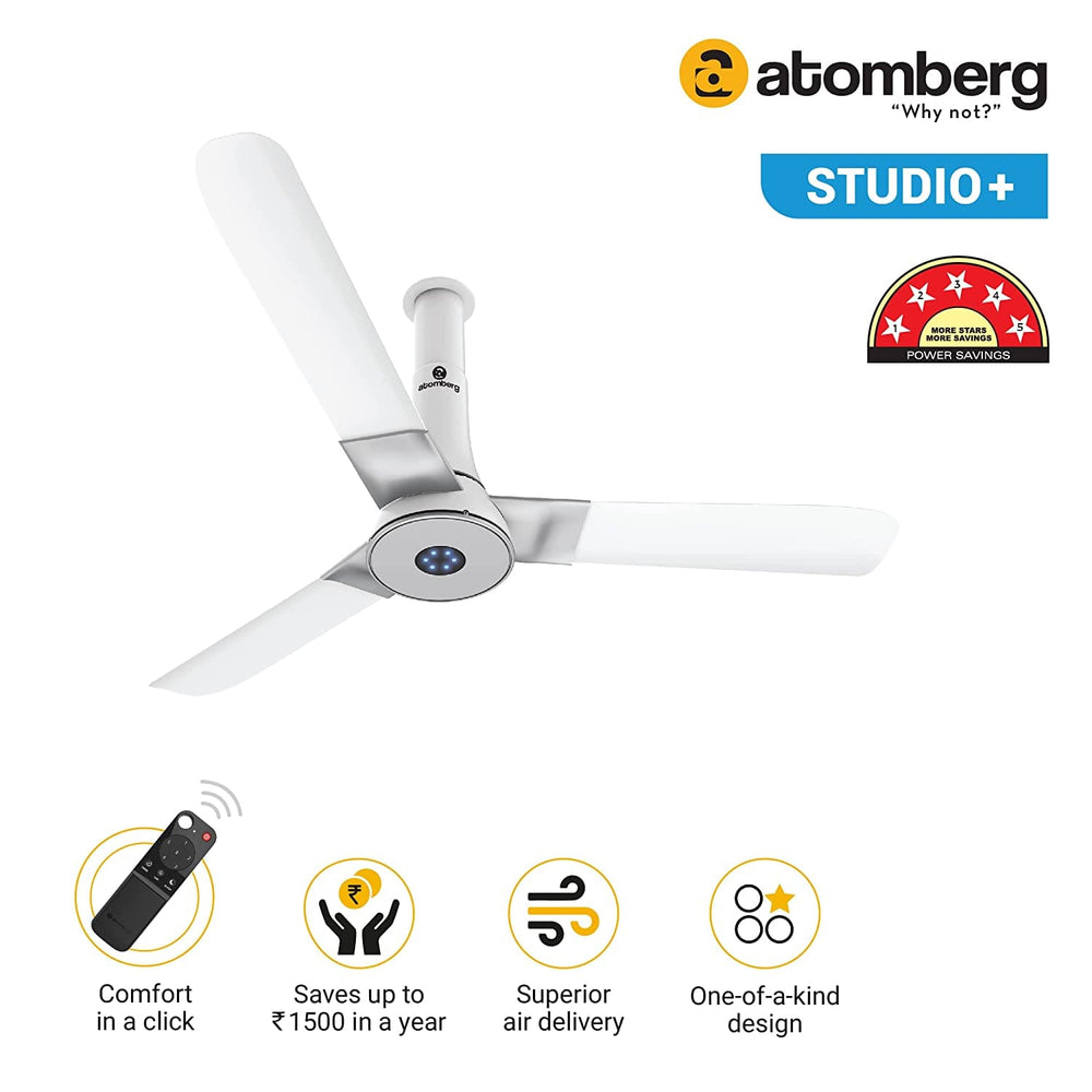 Atomberg Studio+ 48" 32W BLDC motor Energy Saving Anti-Dust Speed Indicator Light Ceiling Fan with Remote Control ( White ) AT-106