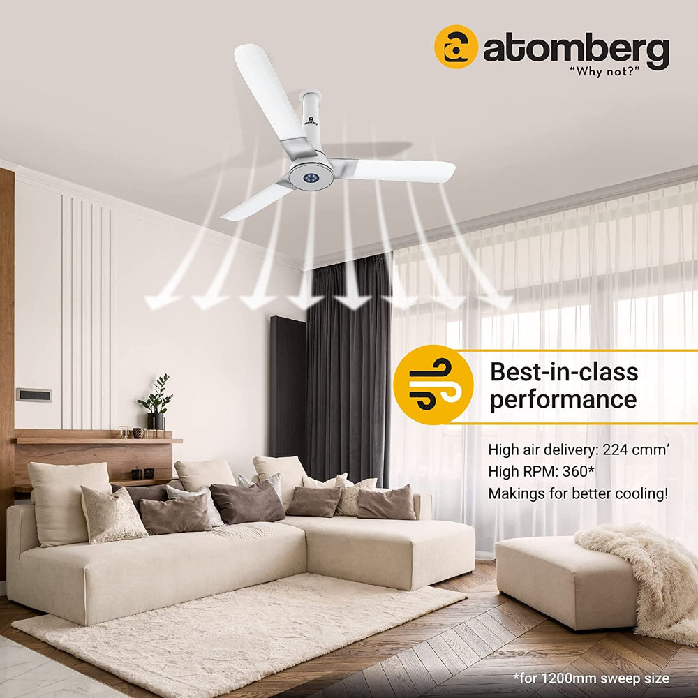 Atomberg Studio+ 48" 32W BLDC motor Energy Saving Anti-Dust Speed Indicator Light Ceiling Fan with Remote Control ( White ) AT-106