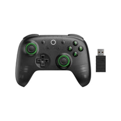 8BitDo Ultimate 2C tri-mode wireless gaming controller in transparent black with green accent buttons and USB receiver.