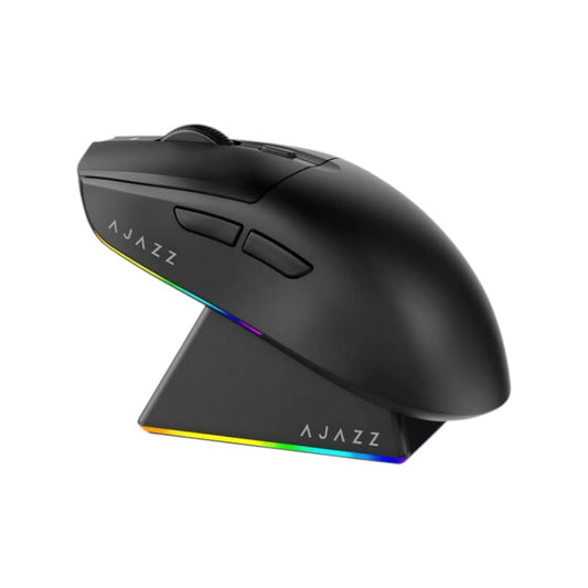 Ajazz AJ139 V2 MC black wireless gaming mouse with RGB lighting and dedicated magnetic charging dock.