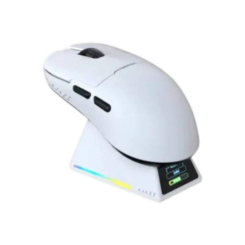 AJAZZ AJ159 APEX 8KHz wireless gaming mouse in white with dedicated magnetic charging dock.
