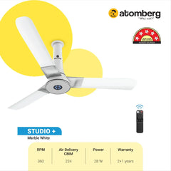 Atomberg Studio+ 48" 35W BLDC motor Energy Saving Anti-Dust Speed Indicator Light Ceiling Fan with Remote Control ( Marble White ) AT-106