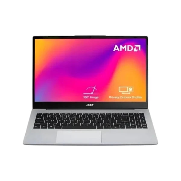 Acer Aspire 15 15.6-inch FHD Laptop in Silver featuring AMD Ryzen 5 7430U processor and full keyboard.