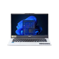 Acer TravelLite 14-inch FHD Laptop in White featuring 13th Gen Intel Core i5, 8GB RAM, 512GB SSD, and full keyboard.