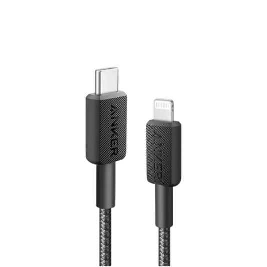 Anker 322 premium braided USB-C to Lightning fast charging cable in black.