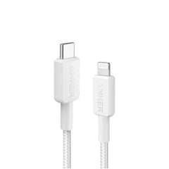 Anker 322 premium braided USB-C to Lightning fast charging cable in white.