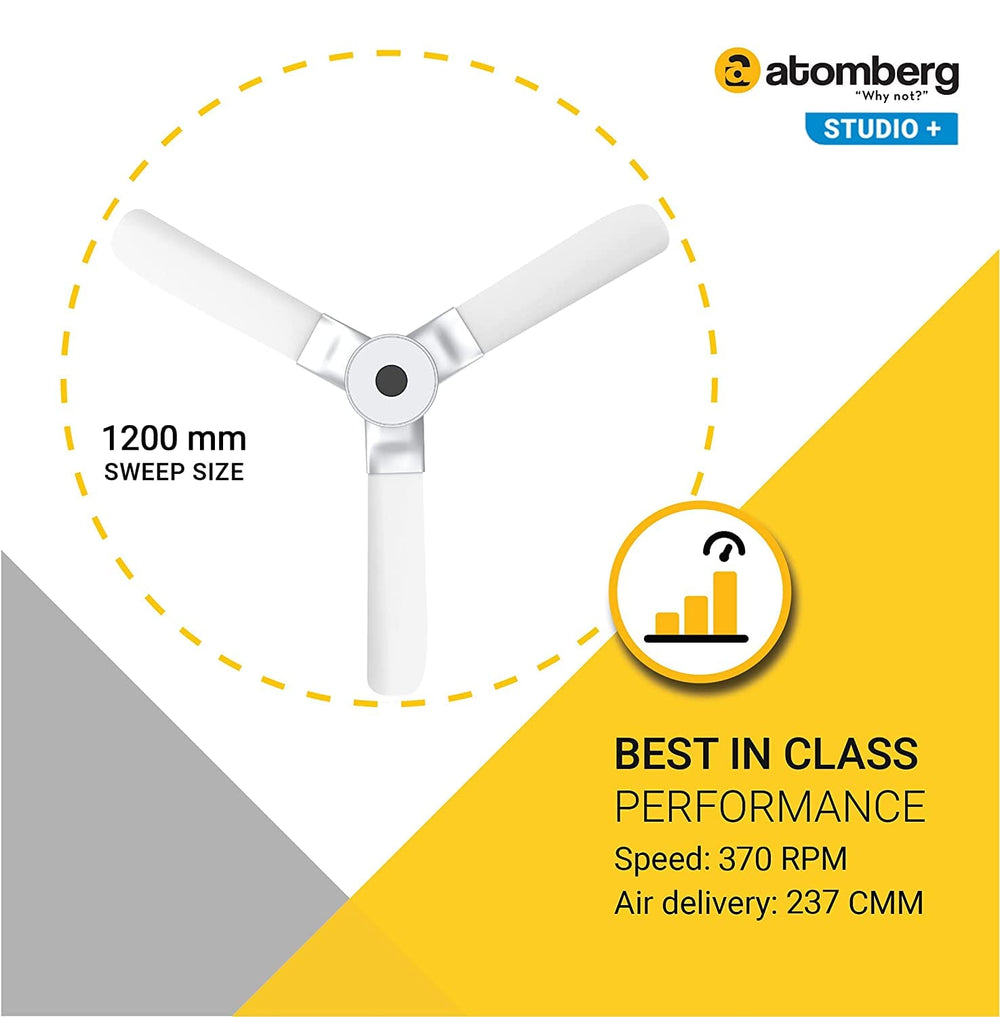 Atomberg Studio+ 48" 32W BLDC motor Energy Saving Anti-Dust Speed Indicator Light Ceiling Fan with Remote Control ( White ) AT-106