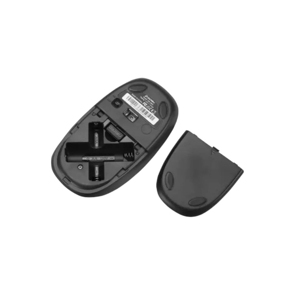 Dareu MK198G 2.4G wireless keyboard and mouse combo in black, showing the included AA battery.