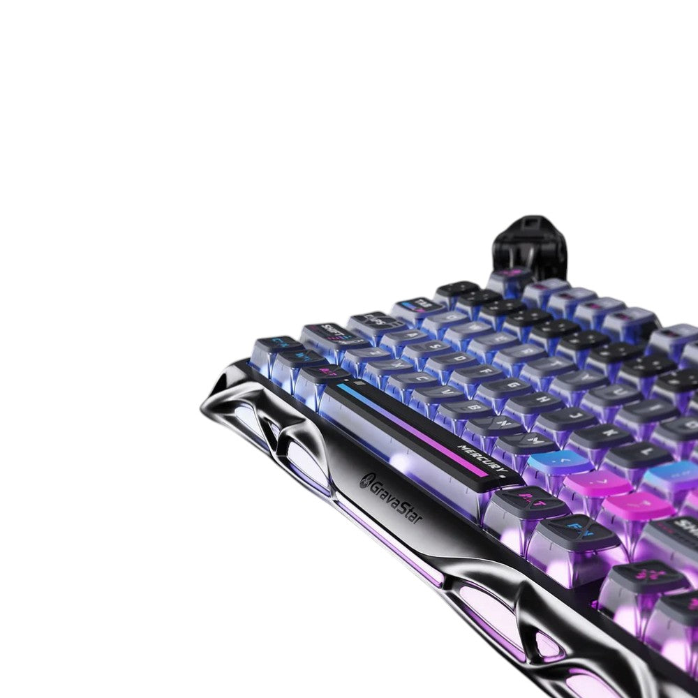 GravaStar Mercury K1 Pro Special Edition mechanical keyboard featuring a cyberpunk aesthetic and vibrant RGB LED backlighting.