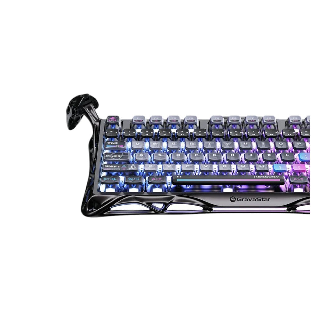 GravaStar Mercury K1 Pro Special Edition mechanical keyboard featuring a cyberpunk aesthetic and vibrant RGB LED backlighting.