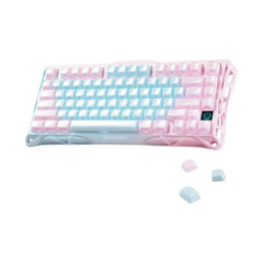 GravaStar Mercury K1 Lite Crystal Aurora tri-mode mechanical keyboard in Aurora Mist colorway with pink and blue tinted frame.