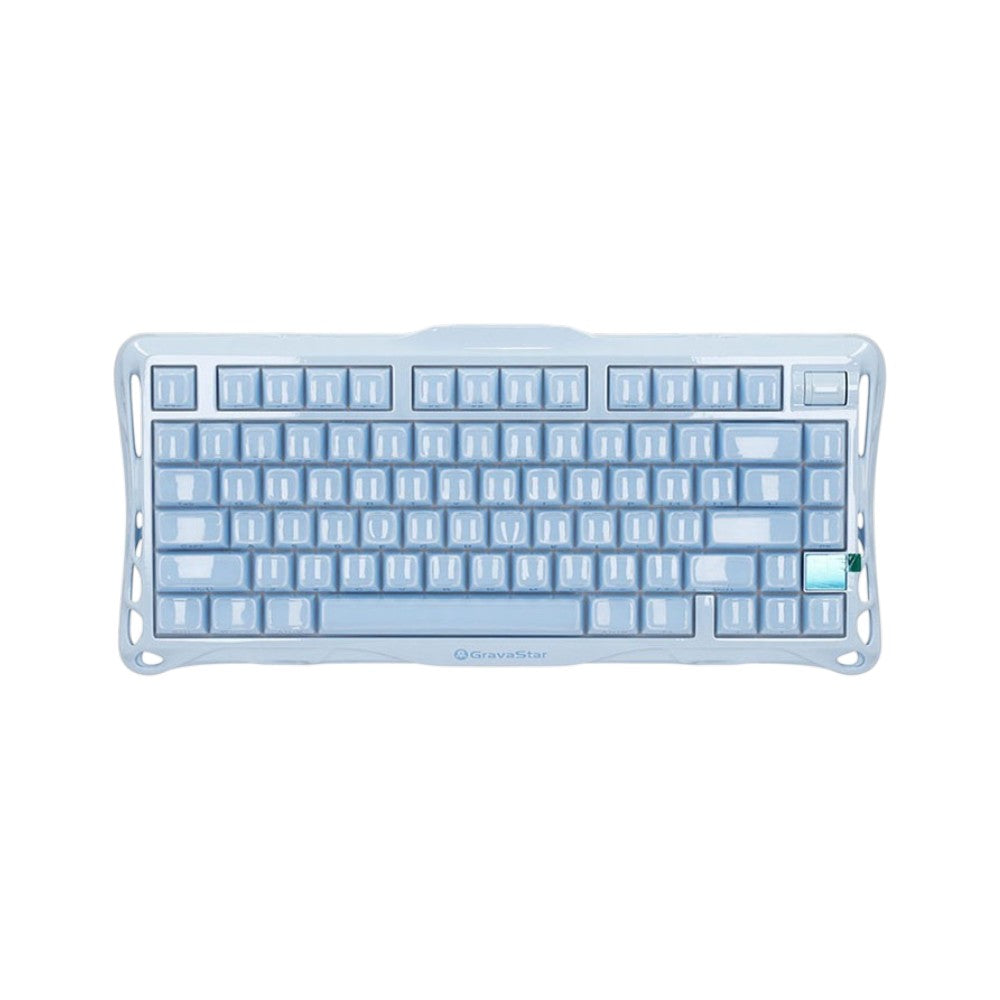 GravaStar Mercury K1 mechanical keyboard featuring an Ice Blue frame and a clear translucent cover.