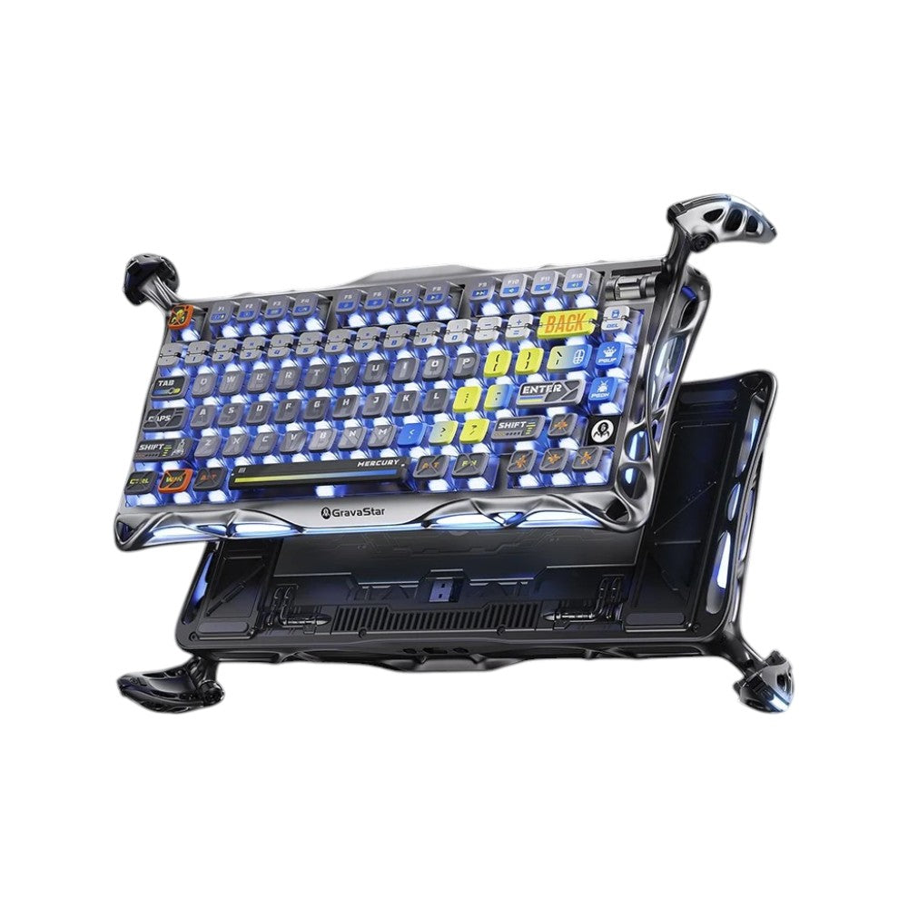 GravaStar Mercury K1 Pro mechanical keyboard in Interstellar Silver featuring a metallic frame design and vibrant blue RGB backlighting.