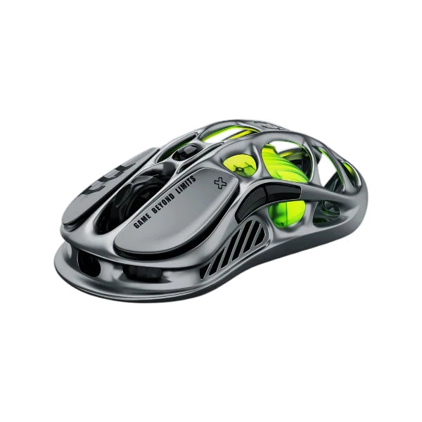 GravaStar Mercury M1 Pro tri-mode wireless gaming mouse in gunmetal gray featuring a hollowed mecha design with a magnesium alloy shell.