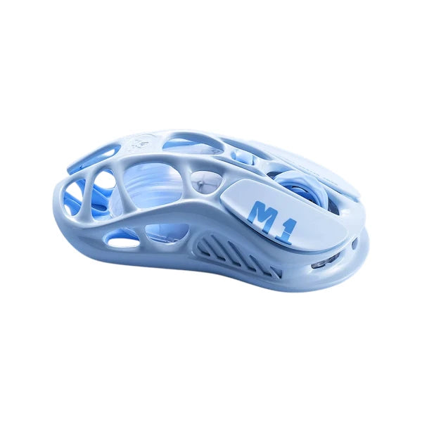 GravaStar Mercury M1 Pro tri-mode wireless gaming mouse in ice blue featuring a hollowed mecha design and lightweight shell.