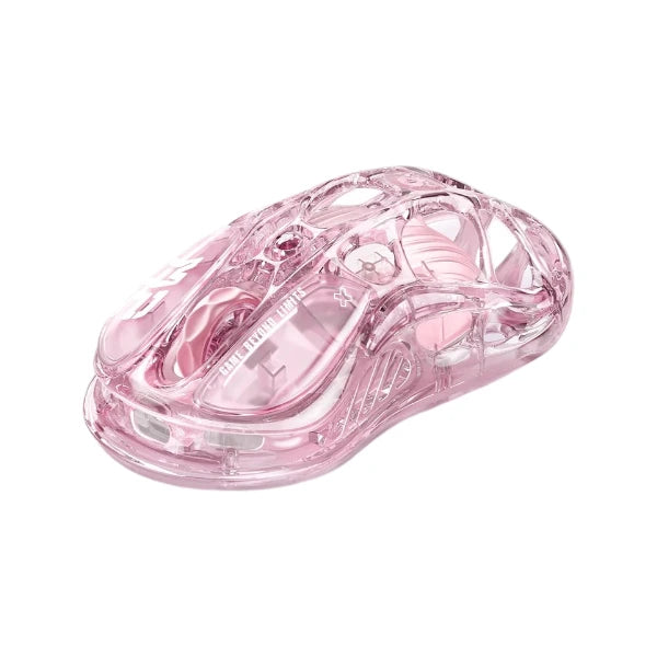 GravaStar Mercury M2 wireless gaming mouse featuring a transparent crystal rose pink hollow mecha design with ambient RGB lighting.