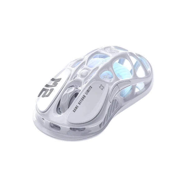 GravaStar Mercury M2 wireless gaming mouse featuring an opaline white hollow mecha design with subtle blue accents and ambient RGB lighting.