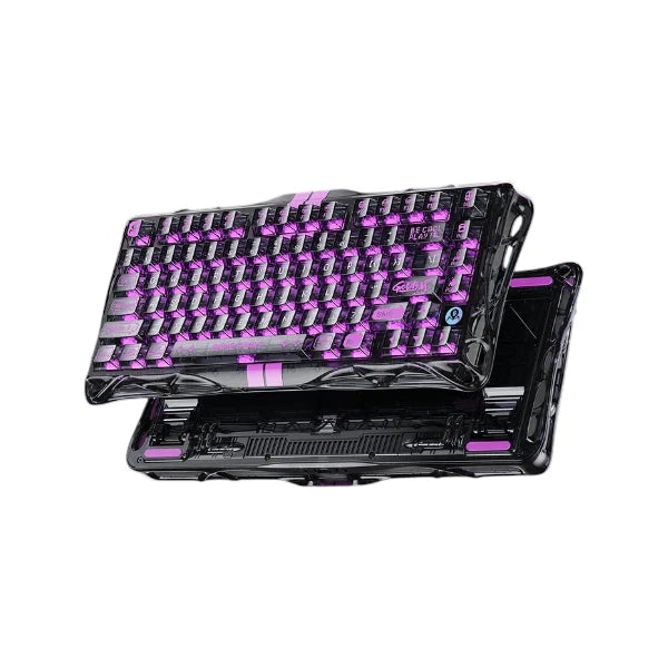 GravaStar Mercury V75 Lite magnetic gaming keyboard in transparent black featuring vibrant purple RGB backlighting.