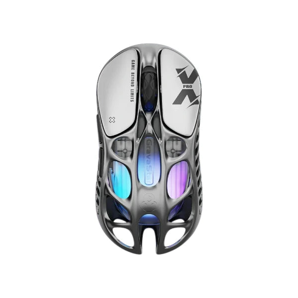 GravaStar Mercury X Pro 8KHz wireless gaming mouse in interstellar silver featuring a hollowed mecha design and lightweight magnesium alloy shell.