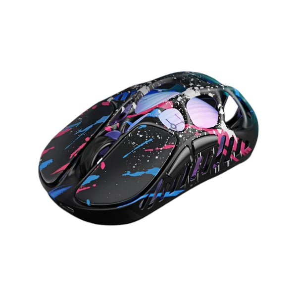 GravaStar Mercury X Pro 8KHz wireless gaming mouse in neon graffiti featuring an open-frame mecha design and magnesium alloy shell.