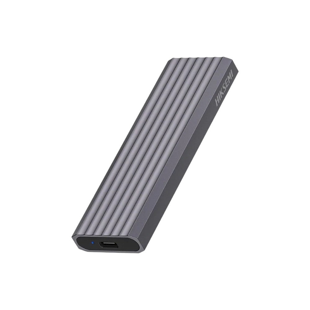 Hiksemi MDC1 gray external M.2 NVMe SSD enclosure case featuring a sleek aluminum design with a USB Type-C port.