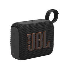 JBL Go 4 ultra-portable waterproof Bluetooth speaker in black featuring a built-in strap and bold brand logo.