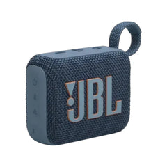 JBL Go 4 ultra-portable waterproof Bluetooth speaker in blue featuring a built-in strap and bold brand logo.
