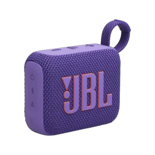 JBL Go 4 ultra-portable waterproof Bluetooth speaker in purple featuring a built-in strap and bold brand logo.