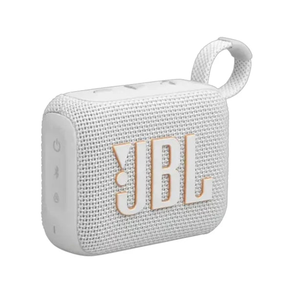 JBL Go 4 ultra-portable waterproof Bluetooth speaker in white featuring a built-in carry loop and bold brand logo.