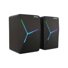Jedel S-553 multimedia USB speakers in black featuring vibrant RGB lighting.