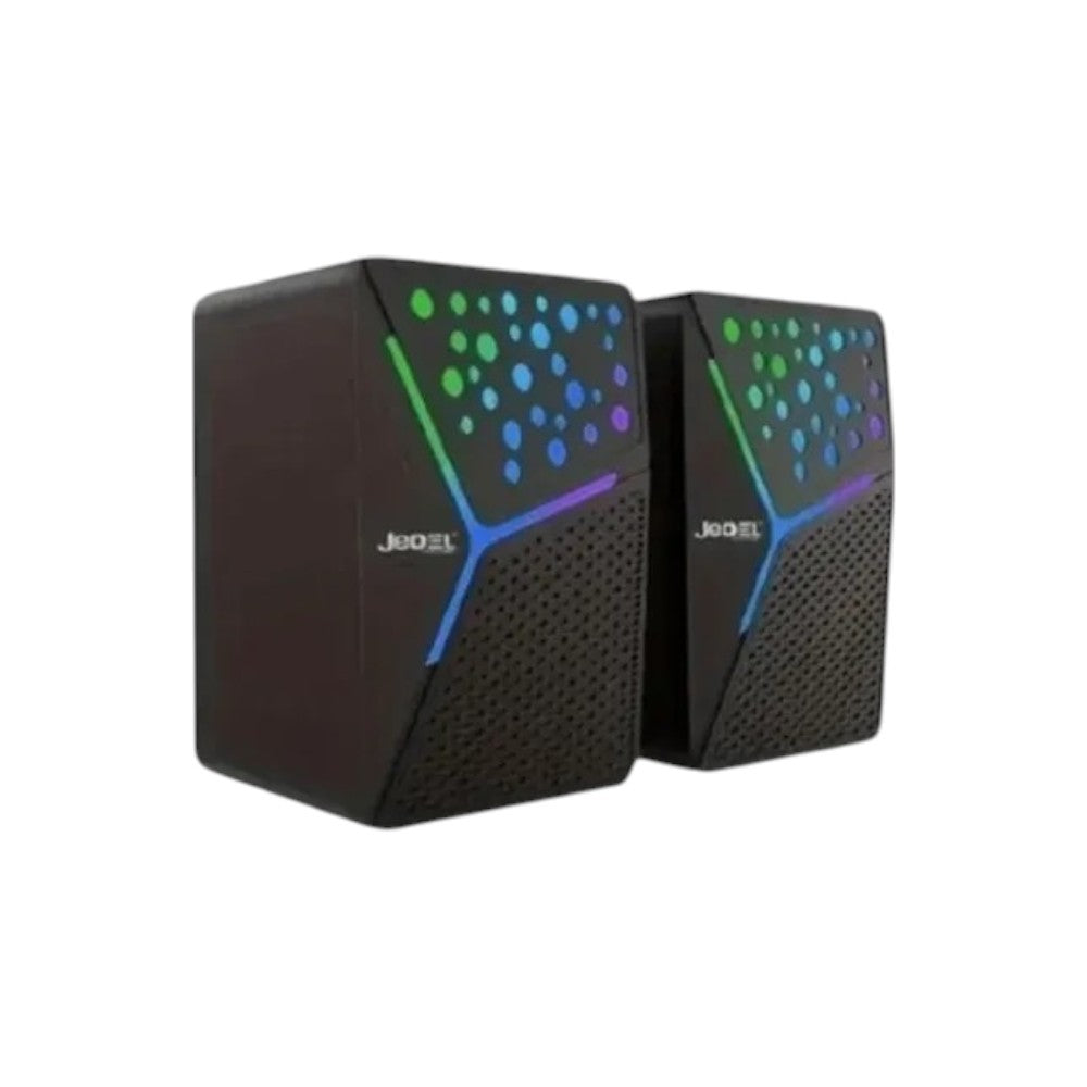 Jedel S-554 multimedia USB speakers in black featuring vibrant RGB LED lighting.