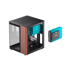 Jonsbo TK-0 Black Mini-ITX gaming case featuring a premium wooden side panel design.