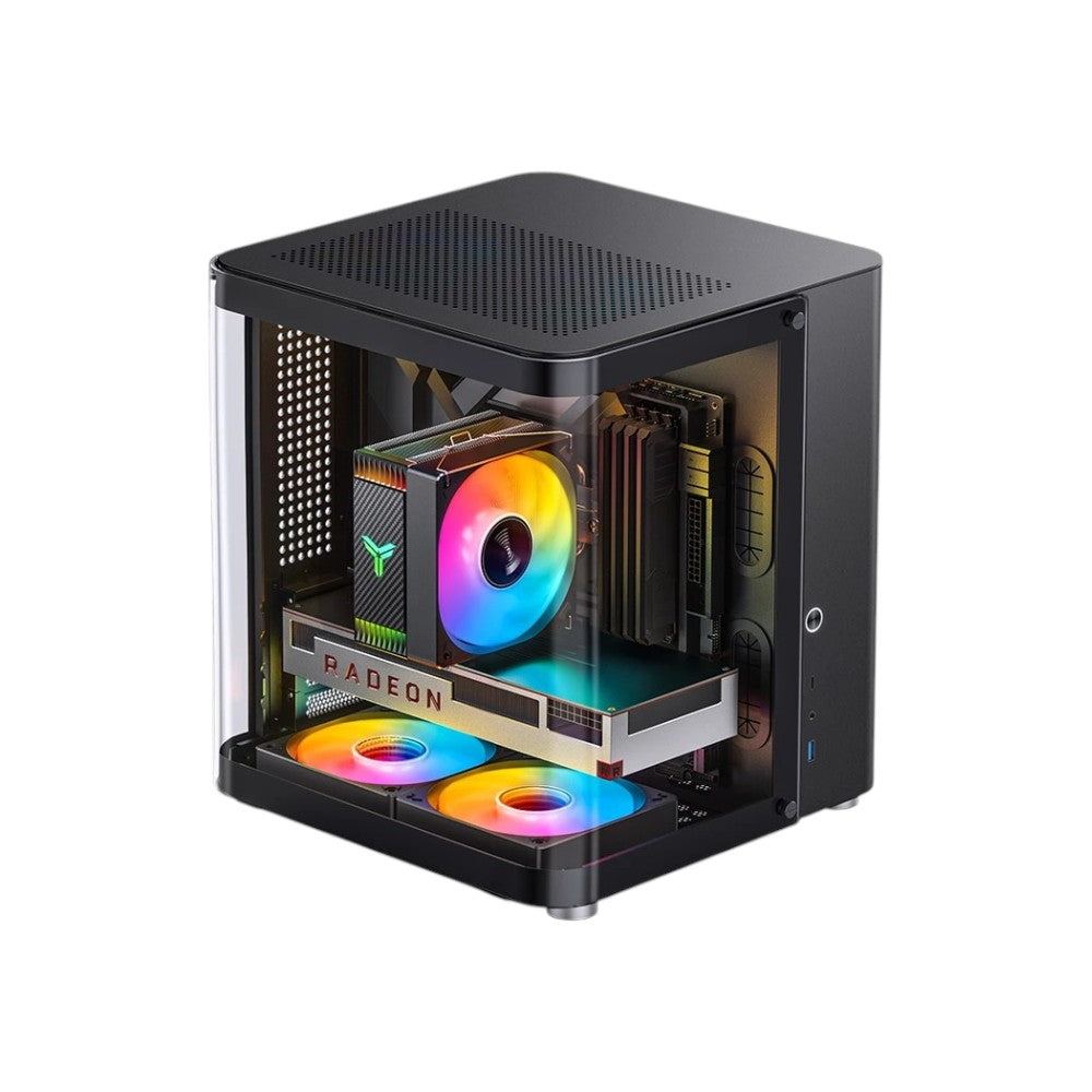 Jonsbo TK-1 Black Micro-ATX mini tower gaming case featuring a curved transparent glass panel view.