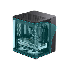 Jonsbo TK-1 Black Micro-ATX mini tower gaming case featuring a curved transparent glass panel view.