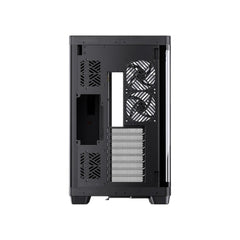 Jonsbo TK-4 dual-chamber ATX computer case in black with premium wood trim accents and panoramic curved glass panel.