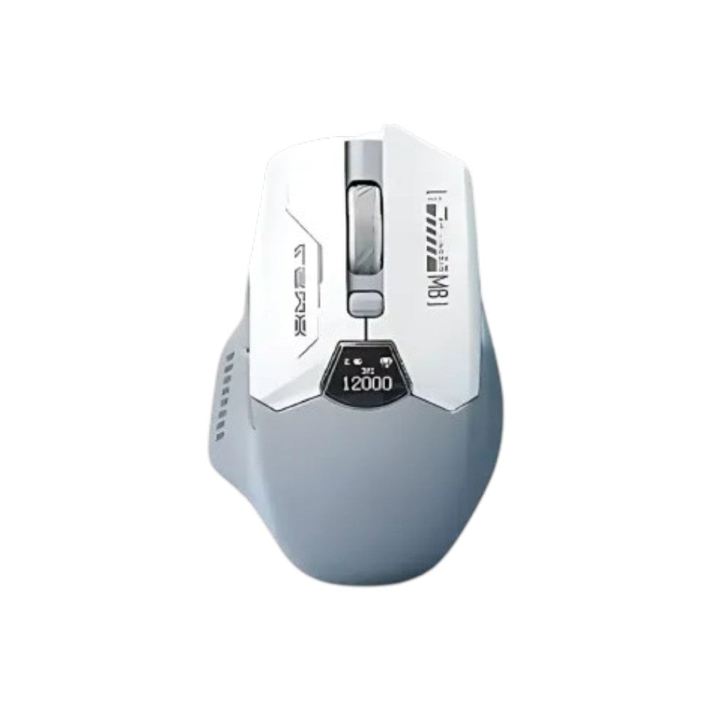 Lingbao M8 tri-mode wireless gaming mouse in white and gray featuring an ergonomic shape designed for high-performance esports gaming.