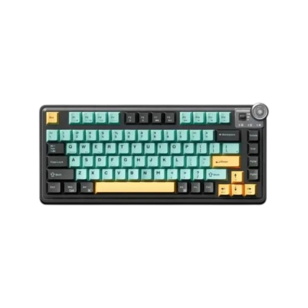 Lingbao MK75 tri-mode wireless mechanical keyboard in Dark Green and Orange, featuring customizable RGB lighting and a compact layout for gaming.
