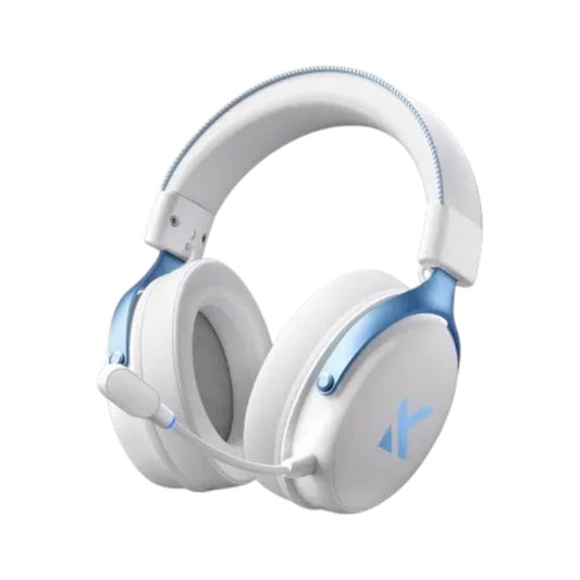 MCHOSE V9 Pro wireless gaming headset in sky white and blue with microphone.