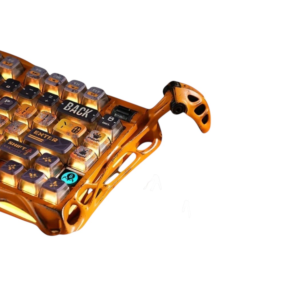 GravaStar Mercury K1 Pro Special Edition mechanical keyboard with a battle-worn yellow and gold geometric frame.