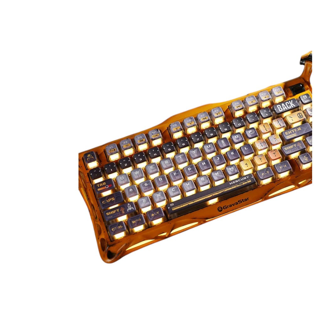 GravaStar Mercury K1 Pro Special Edition mechanical keyboard with a battle-worn yellow and gold geometric frame.