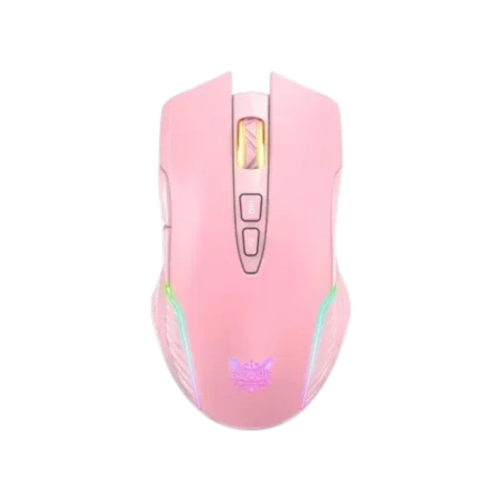 Onikuma CW905 2.4GHz wireless gaming mouse in pink featuring an ergonomic design and integrated RGB lighting.
