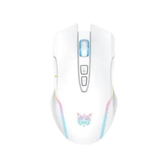 Onikuma CW905 2.4GHz wireless gaming mouse in white with customizable RGB rainbow lighting.
