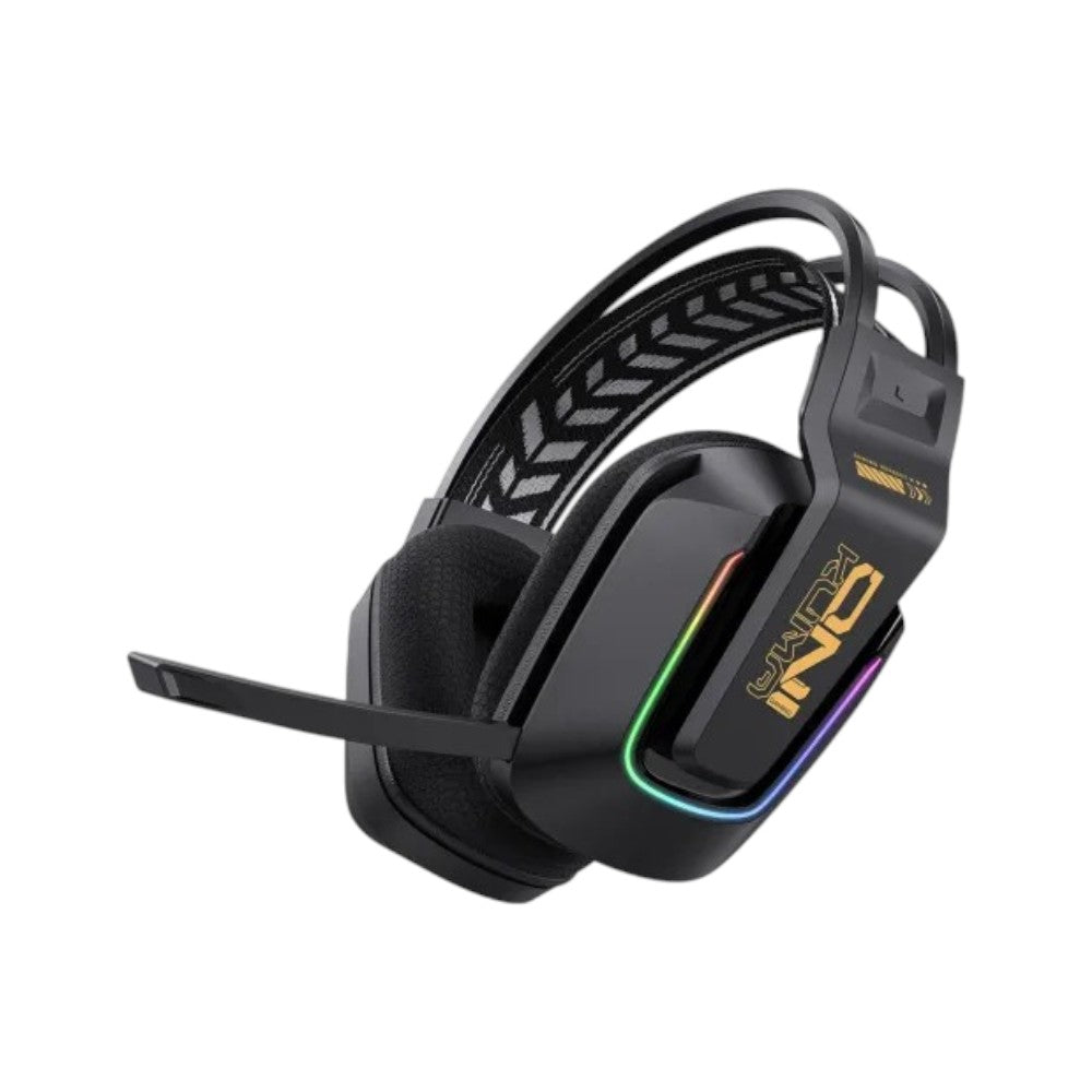 Onikuma GT828 tri-mode wireless gaming headset in black featuring built-in RGB lighting and cushioned over-ear cups.