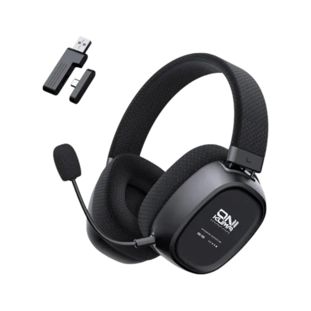 Onikuma GT839 tri-mode wireless gaming headset in black with plush ear cushions and a high-speed wireless USB adapter.