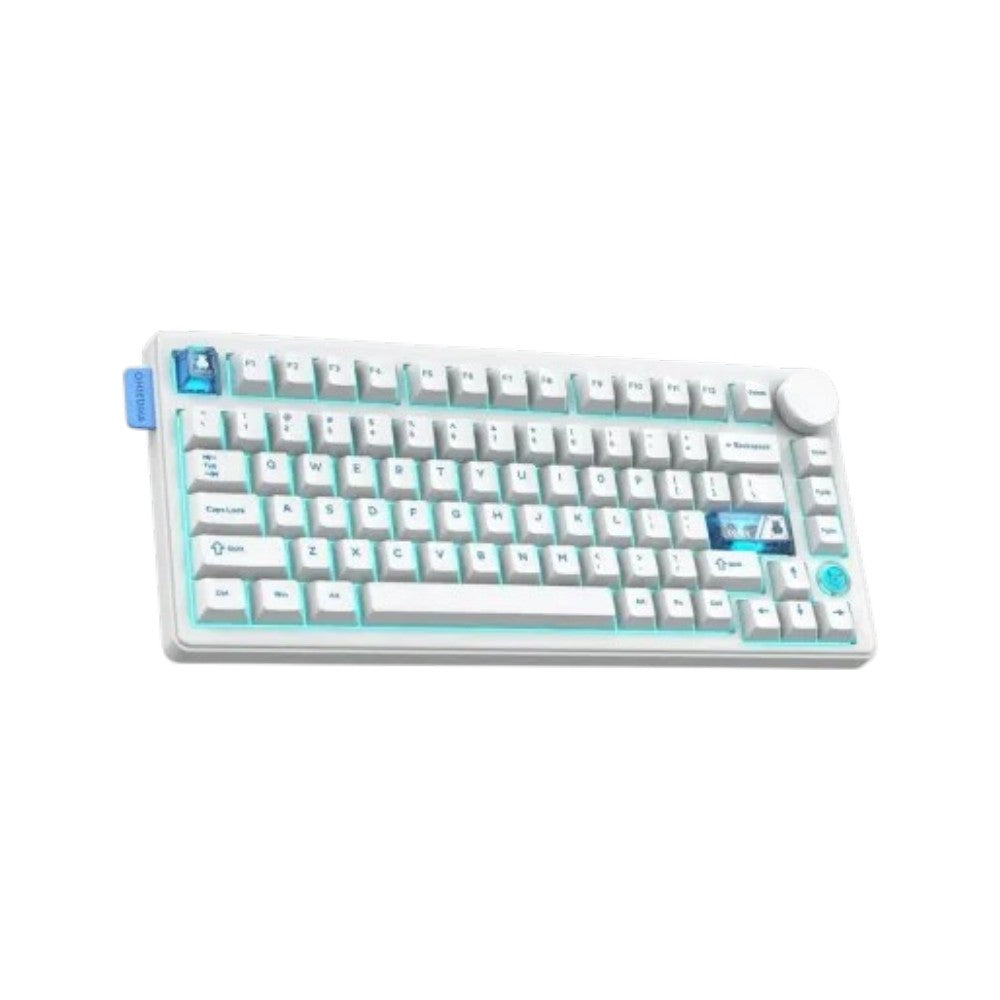Onikuma MT706 tri-mode gasket mount mechanical gaming keyboard in white featuring light blue accent keycaps.