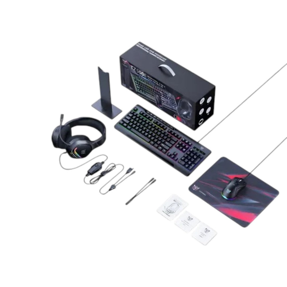 Onikuma TZ5008 5-in-1 gaming combo featuring a matching RGB keyboard, mouse, headset, and gaming accessories.