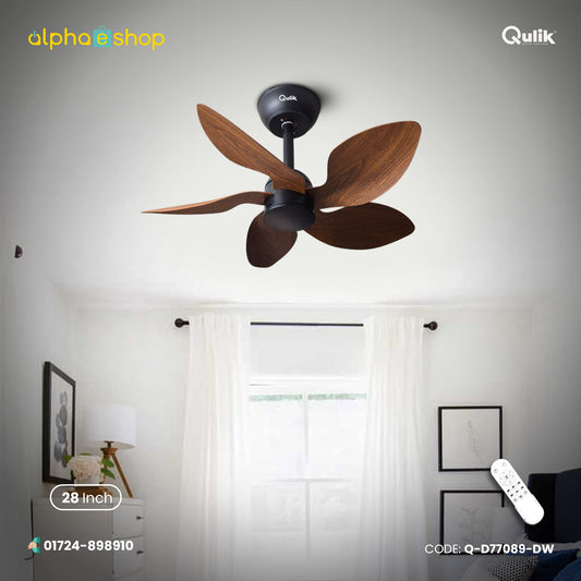 Qulik Flora 28" decorative silent ABS blade ceiling fan with remote control in Dark Wood (Q-D77089-DW).