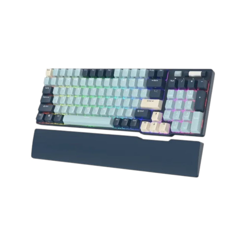 Royal Kludge RK96 tri-mode wireless mechanical keyboard with tactile brown switches, RGB backlighting, and an ergonomic wrist rest.