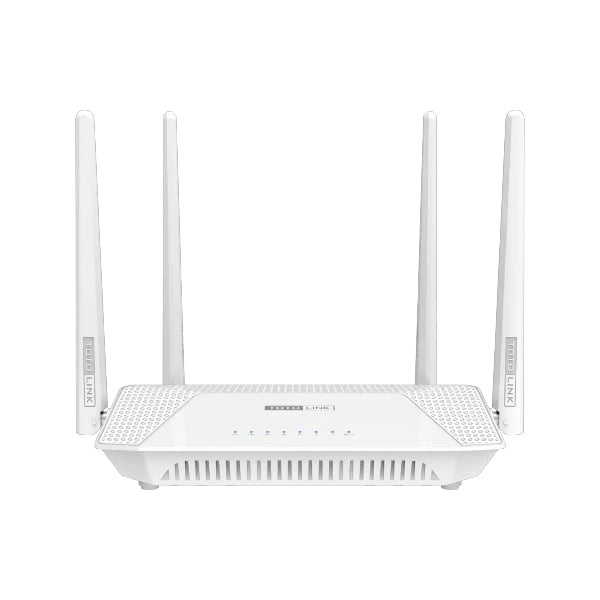 TOTOLINK A3002RU V4 AC1200 wireless dual-band gigabit router in white featuring four high-gain external antennas.