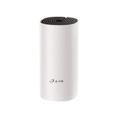 TP-Link Deco M4 AC1200 dual-band whole home mesh Wi-Fi router featuring a white cylindrical design with a black top.